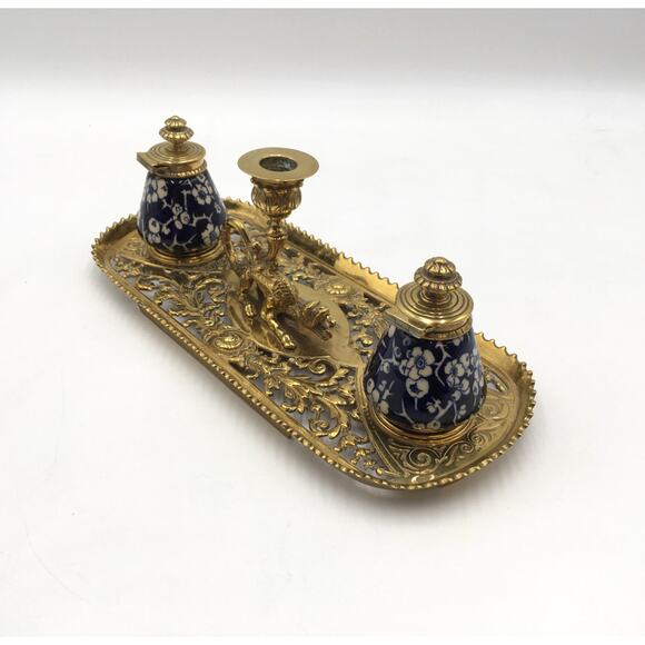 Antique Gilt Bronze Dragon Filigree and Ceramic Inkwell Candle Holder - Picture 4 of 8